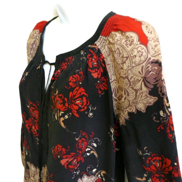 SiLK Meadow Rue Boho Top Pure Silk Moroccan Keyhole Smocked Tie Tassels XS - Picture 4 of 6